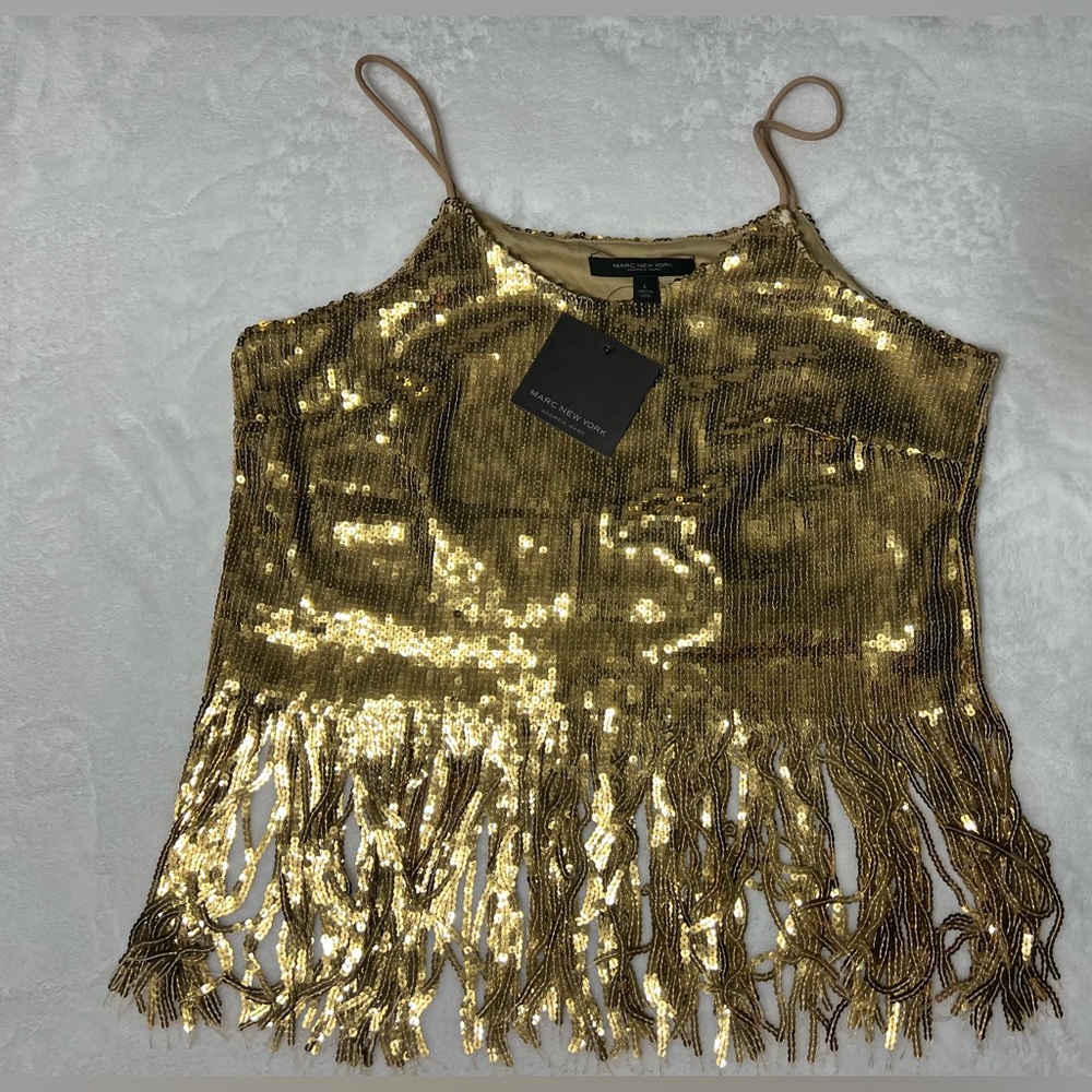 Marc New York Gold, Sequin, Fringe Top. Size L